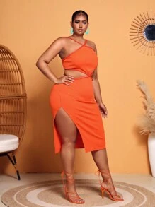 Slaydiva 大碼鏤空高衩掛脖連衣裙 - 橘色 - 查看 4