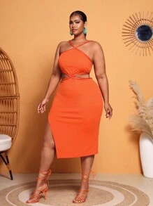 Slaydiva 大碼鏤空高衩掛脖連衣裙 - 橘色 - 查看 5