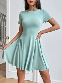 SHEIN EZwear 素色A-線連衣裙 - 薄荷綠 - 查看 4