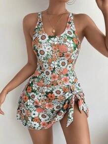SHEIN Swim 印花側打結連體泳衣