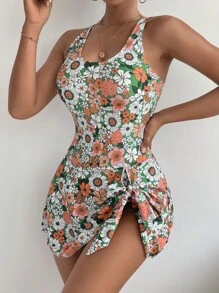 SHEIN Swim 印花側打結連體泳衣