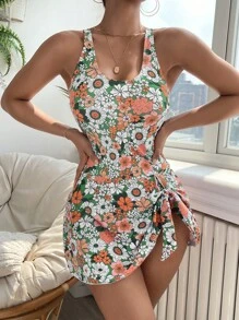 SHEIN Swim 印花側打結連體泳衣