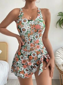 SHEIN Swim 印花側打結連體泳衣