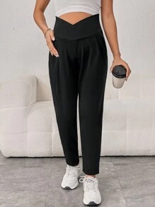 SHEIN Quần dành cho Bà bầu màu trơn Giải trí - màu đen - Xem 1