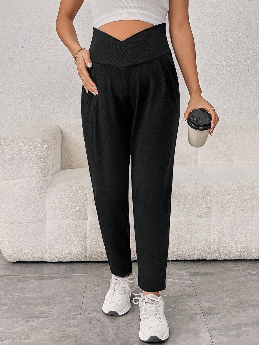 SHEIN Quần dành cho Bà bầu màu trơn Giải trí - màu đen - Xem 1