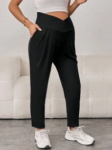 SHEIN Quần dành cho Bà bầu màu trơn Giải trí - màu đen - Xem 3