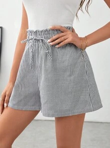 SHEIN Frenchy Quần đùi nữ Thắt nút Quần paper-bag Sọc Giải trí - Xám - Xem 3