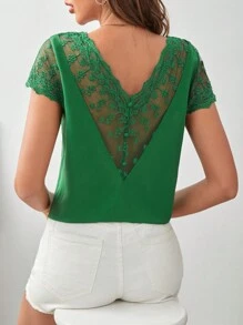 SHEIN Unity 拼接網紗刺繡V領襯衫 - 綠色 - 查看 1