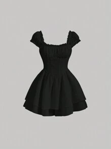 SHEIN MOD Frill Trim Ruched Bust Flare Hem Romper