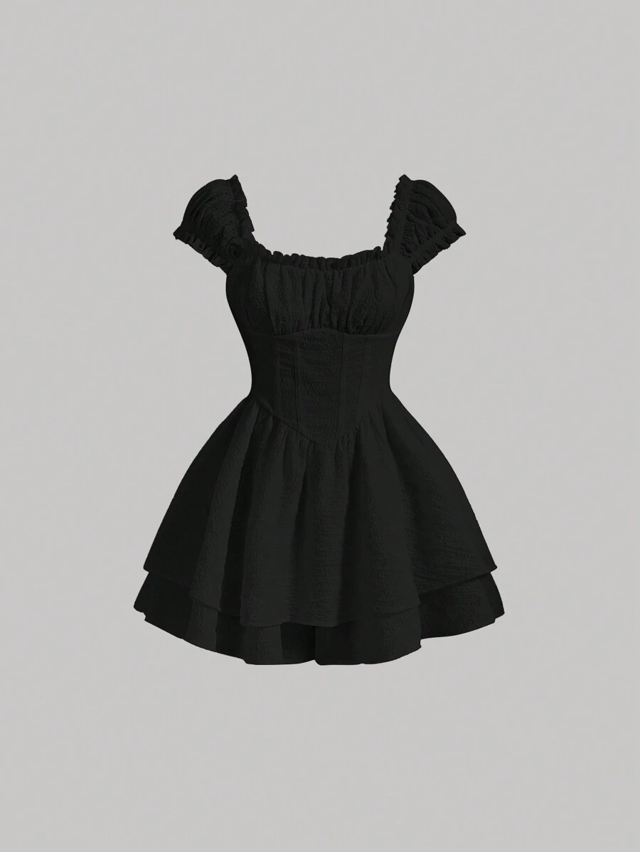 SHEIN MOD Frill Trim Ruched Bust Flare Hem Romper