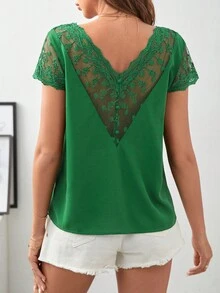 SHEIN Unity 拼接網紗刺繡V領襯衫 - 綠色 - 查看 4
