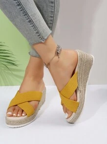 Ladies' Yellow Vacation Style Handmade Espadrille Wedge Sandals - Yellow - View 1