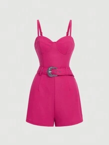 SHEIN MOD Áo liền quần nữ Thắt lưng Dây kéo Thùa khuyết màu trơn Giải trí - Màu Hồng Tươi - Xem 1