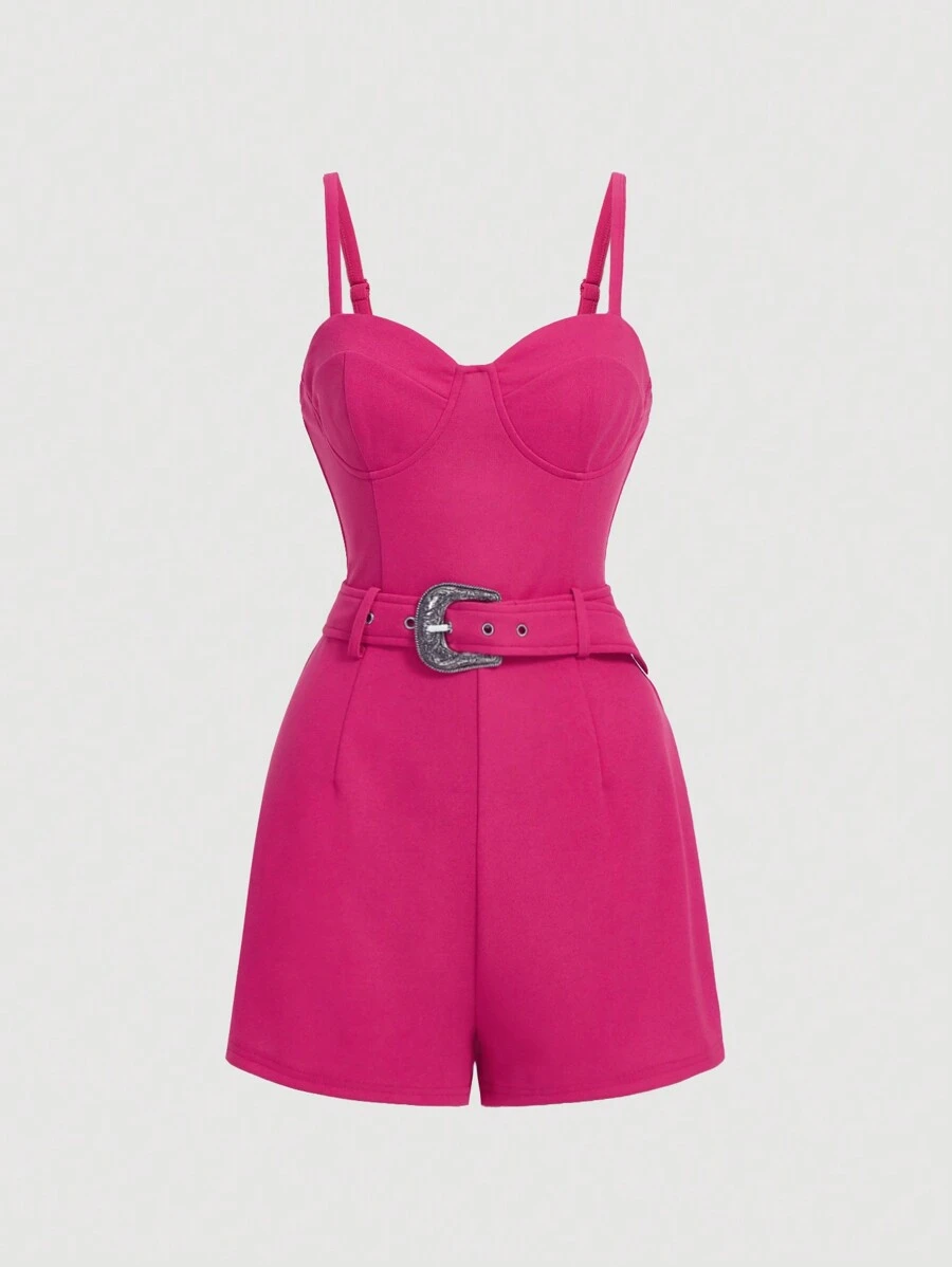 SHEIN MOD Áo liền quần nữ Thắt lưng Dây kéo Thùa khuyết màu trơn Giải trí - Màu Hồng Tươi - Xem 1