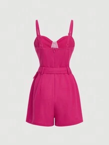 SHEIN MOD Áo liền quần nữ Thắt lưng Dây kéo Thùa khuyết màu trơn Giải trí - Màu Hồng Tươi - Xem 2