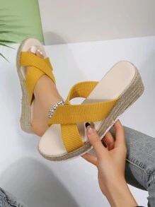 Ladies' Yellow Vacation Style Handmade Espadrille Wedge Sandals - Yellow - View 2