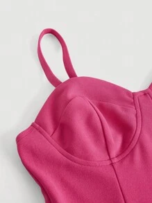 SHEIN MOD Áo liền quần nữ Thắt lưng Dây kéo Thùa khuyết màu trơn Giải trí - Màu Hồng Tươi - Xem 3