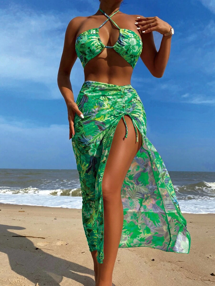 滿版熱帶圖案掛脖比基尼泳裝附沙灘裙 - 綠色 - 查看 1