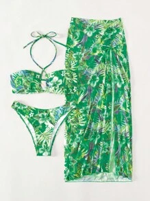 滿版熱帶圖案掛脖比基尼泳裝附沙灘裙 - 綠色 - 查看 3