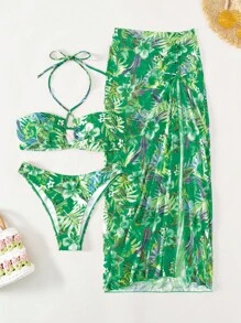 滿版熱帶圖案掛脖比基尼泳裝附沙灘裙 - 綠色 - 查看 4
