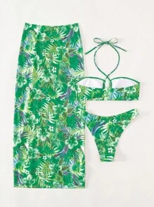 滿版熱帶圖案掛脖比基尼泳裝附沙灘裙 - 綠色 - 查看 7