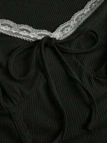 SHEIN MOD Áo thun Plus size Tương phản ren viền lá sen Gân đan Thắt nơ trước màu trơn Giải trí - màu đen - Xem 3