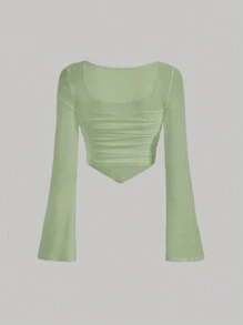 SHEIN MOD Square Neck Ruched Hanky Hem Green Square Neck See-Through Bell Sleeves Tee - Lime Green - View 2