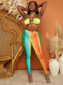 Slaydiva 漸層十字交叉後背繫帶繞頸短上衣&緊身打底褲 - 彩色 - 查看 1