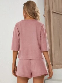 SHEIN 孕婦華夫格編織落肩T恤和短褲 - 藕粉色 - 查看 2