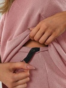 SHEIN 孕婦華夫格編織落肩T恤和短褲 - 藕粉色 - 查看 4