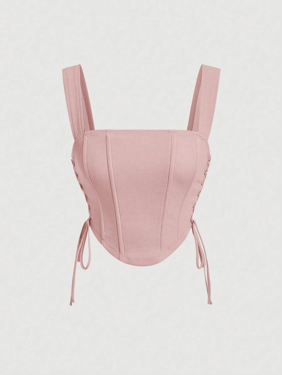 SHEIN MOD Lace Up Side Curved Hem Wide Straps Top - Baby Pink - View 1
