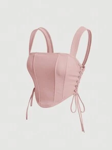 SHEIN MOD Lace Up Side Curved Hem Wide Straps Top - Baby Pink - View 2