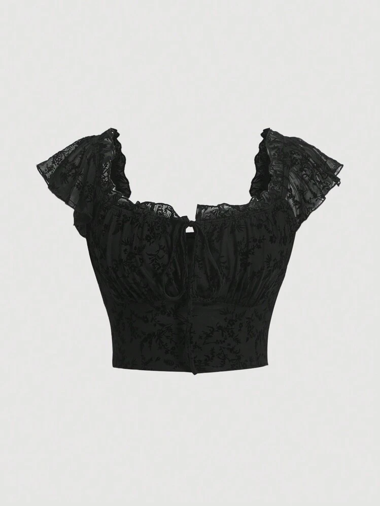 SHEIN MOD Plus Ruched Bust Frill Trim Crop Top - Black - View 1
