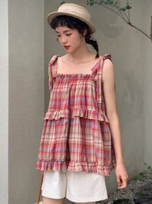 DAZY 格紋印花荷葉邊肩上打結吊帶上衣 - 紅色 - 查看 9