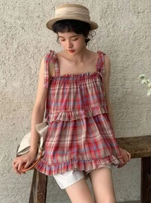 DAZY 格紋印花荷葉邊肩上打結吊帶上衣 - 紅色 - 查看 6