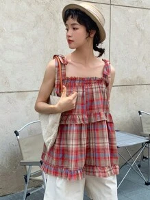 DAZY 格紋印花荷葉邊肩上打結吊帶上衣 - 紅色 - 查看 7