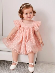 SHEIN Baby Girls Sweet Polka Dot Mesh Square Neck Cap Sleeve Dress - Baby Pink - View 1