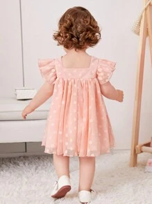 SHEIN Baby Girls Sweet Polka Dot Mesh Square Neck Cap Sleeve Dress - Baby Pink - View 2