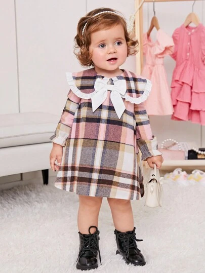 Baby Girls' Cute Peter Pan Collar Plaid Color Block Long Sleeve Dress With Ruffled Trimline, For Christmas