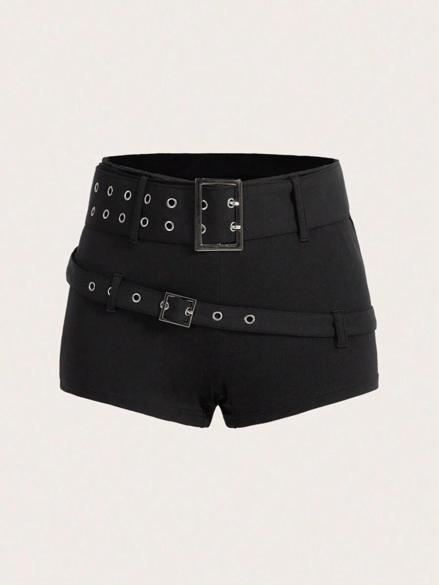 SHEIN ICON 素色金屬氣眼短褲 - 黑色 - 查看 1