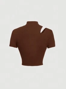 SHEIN MOD Cut Out Mock Neck Tee - Coffee Brown - View 3