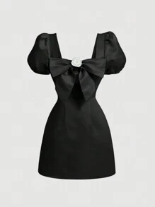 SHEIN MOD 前蝴蝶結泡泡袖連衣裙 - 黑色 - 查看 1