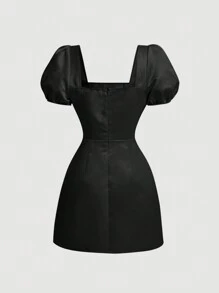 SHEIN MOD 前蝴蝶結泡泡袖連衣裙 - 黑色 - 查看 2