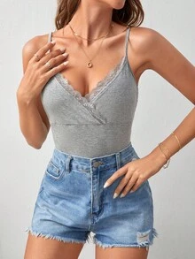 SHEIN Frenchy Top de tirantes ribete con encaje - Gris Claro - Ver 3