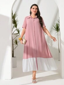 Mulvari 大碼雙色荷葉邊襯衫洋裝 - 藕粉色 - 查看 2