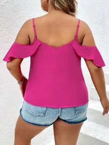 SHEIN Unity 大碼挖肩水溶蕾絲拼接荷葉邊襯衫 - 玫紅色 - 查看 2