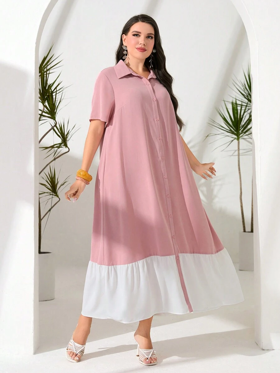 Mulvari 大碼雙色荷葉邊襯衫洋裝 - 藕粉色 - 查看 1