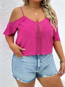 SHEIN Unity 大碼挖肩水溶蕾絲拼接荷葉邊襯衫 - 玫紅色 - 查看 3