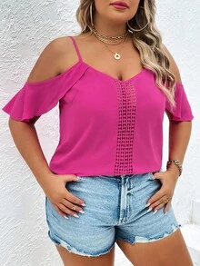 SHEIN Unity 大碼挖肩水溶蕾絲拼接荷葉邊襯衫 - 玫紅色 - 查看 4