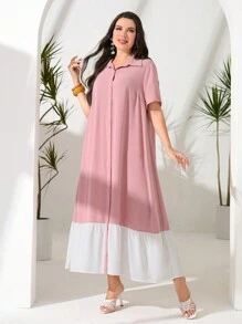 Mulvari 大碼雙色荷葉邊襯衫洋裝 - 藕粉色 - 查看 4